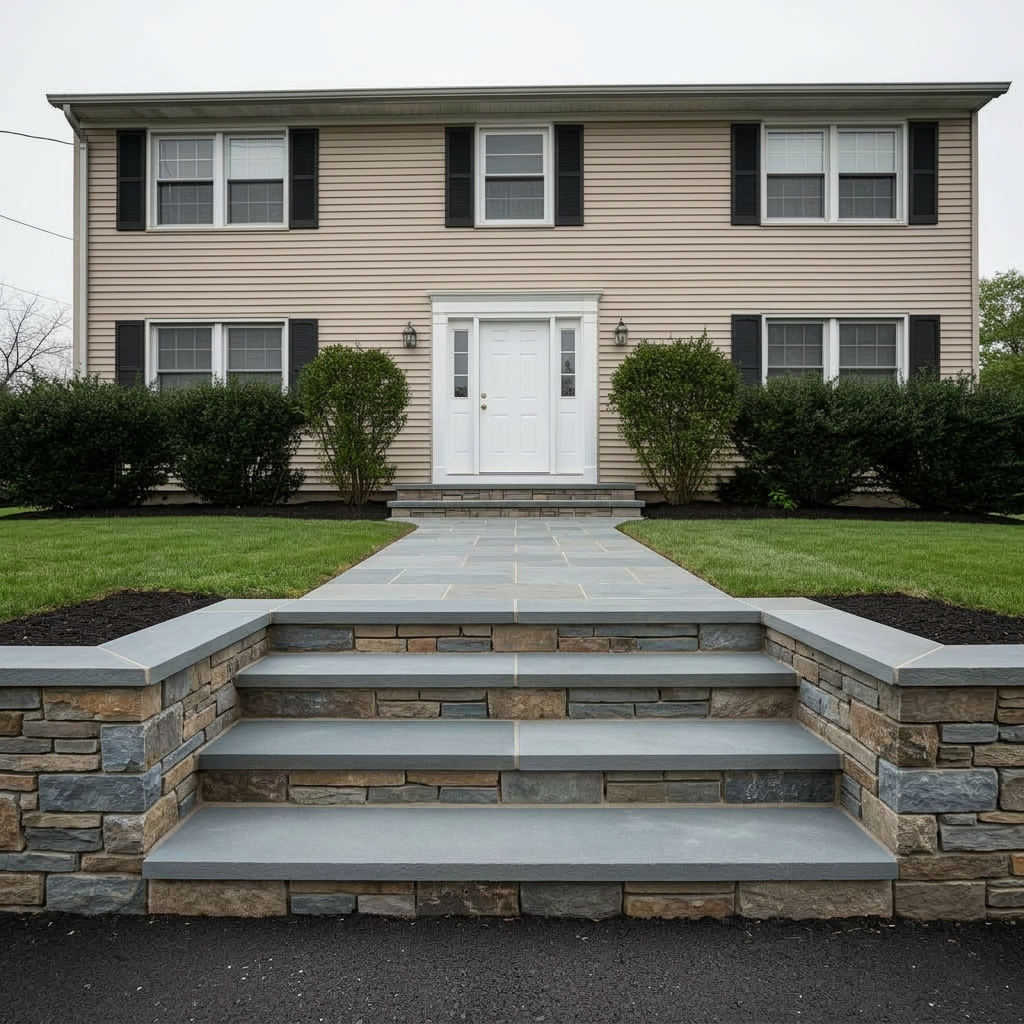 After: new bluestone steps and stacked stone risers on a New Jersey home